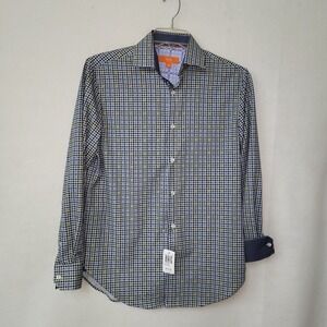 Tallia Mens Dress Shirt Gold Navy Houndstooth Stretch S 14-14.5 32/33 Flip Cuff